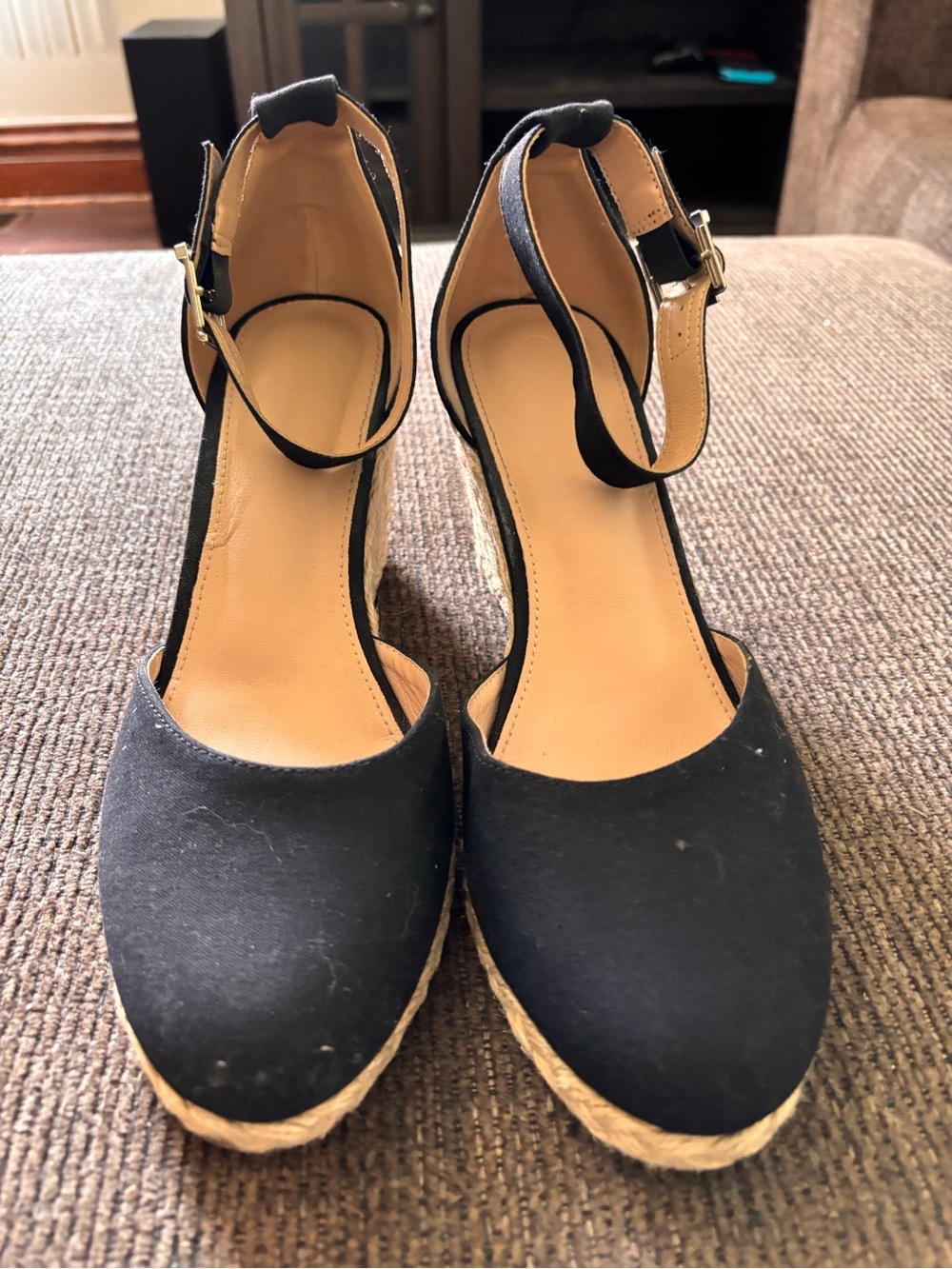 Classic Black Ankle-Strap Espadrille Wedges